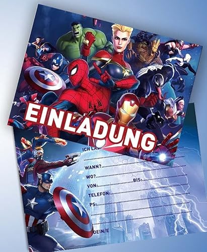 ich 12 Einladungskarten & 12 Umschläge für Geburtstag Partys und Kindergeburtstag The Avengers Nr. 6 von ich