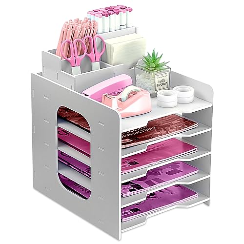 5-stöckige Briefablage Organizer, Holz Papier Ablageschale für Büroschreibtisch, A4 Schreibtisch Ordentlicher Organizer mit Stifthalter, Dokumentenhalter A4 Papier Ablageschalen für Zuhause, Büro von ideallife