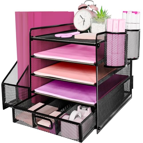 ideallife Schreibtisch Organizer Ablage aus Metall, 5 Ebenen Papier Briefablage mit Aktenhalter, Mesh Schreibtisch Akten Organizer mit Zeitschriftenhalter für Büro Dokumentenablage (Schwarz) von ideallife