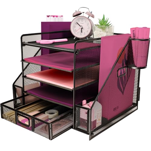 ideallife Schreibtisch Organizer Ablage aus Metall, 5 Ebenen Papier Briefablage mit Aktenhalter, Mesh Schreibtisch Akten Organizer mit Zeitschriftenhalter für Büro Dokumentenablage (Schwarz) von ideallife