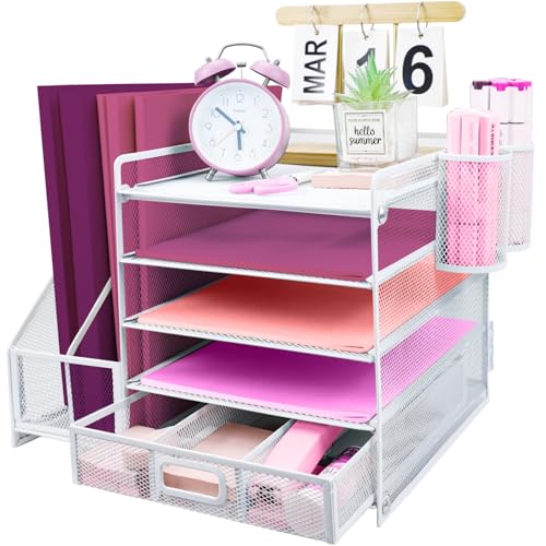 ideallife Schreibtisch Organizer Ablage aus Metall, 5 Ebenen Papier Briefablage mit Aktenhalter, Mesh Schreibtisch Akten Organizer mit Zeitschriftenhalter für Büro Dokumentenablage (Weiß) von ideallife