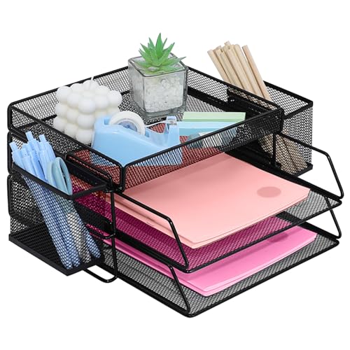 ideallife Stapelbare Briefablage aus Metall, Schwarz Schreibtisch Organizer mit 2 Dokumentenablage und 2 Stiftehalter, Mesh Schreibtischablage für A4 Dokument, Büroablage, Postkörbe von ideallife