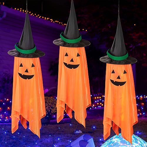 iespell 3 Pack Kürbis Geist Hexe Halloween-Dekorationen, süße Halloween-Hänge-Dekorationen für drinnen und draußen, geeignet für Party, Garten, Tür, Fenster, Baum, Veranda, Zuhause, Rasen, Wand von iespell