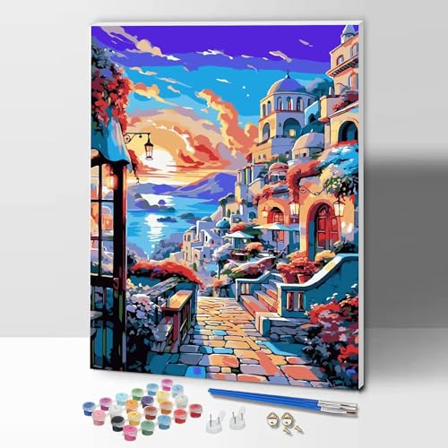 ifymei Malen nach Zahlen für Erwachsene mit Rahmen, DIY Geschenk Kunst Kits mit Pinsel und Acryl-Pigment, 30 x 40 Zentimeter Seaside Stadt Zeichnung Malerei von ifymei