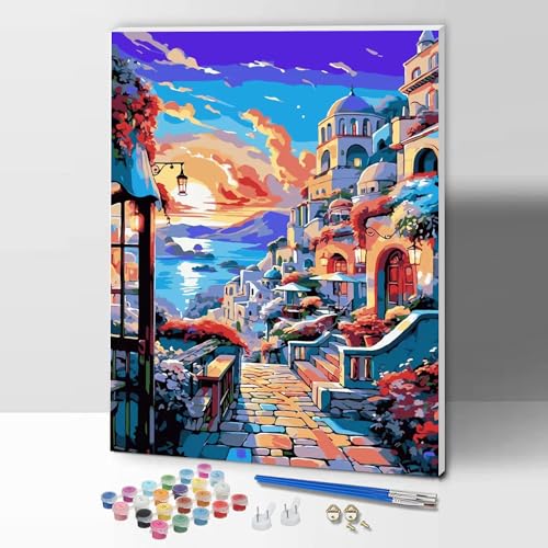 ifymei malen nach Zahlen für Erwachsene mit Rahmen, DIY Geschenk Kunst Kits mit Pinsel und Acryl-Pigment, 30 x 40 Zentimeter Seaside Stadt Zeichnung Malerei von ifymei