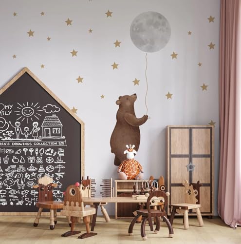 Igibee Wandtattoo Kinderzimmer | Wandsticker Babyzimmer | Bär mit Mond-Ballon und Sternen | Wanddeko Babyzimmer für Jungen und Mädchen | Selbstklebende Wandaufkleber | Babyzimmer Deko von igibee