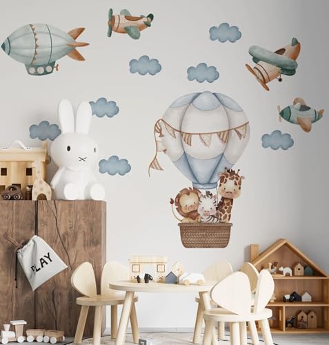 Igibee Wandtattoo Kinderzimmer | Wandsticker Babyzimmer | Wanddeko Tiere | Babyzimmer Deko mit Bär im Flugzeug und Bär mit Ballons | Selbstklebende Wandaufkleber für Kinderzimmer von igibee