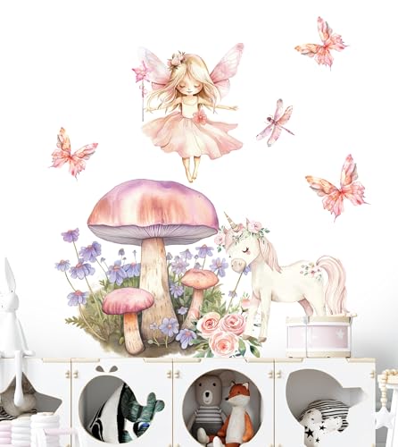 Magischer Wald Wandaufkleber für Kinderzimmer, Einhorn und Blüten Deko, zauberhafte Feenwelt und rosa Schmetterlinge, farbenfrohe Natur Wandsticker von igibee