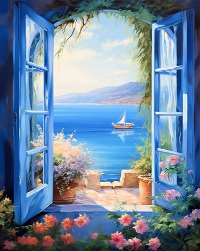 Landschaft Malen Nach Zahlen Erwachsene Window Seascape Ölgemälde Kit für Anfänger und Erwachsene Sea Boat Paint by Numbers Mit Leinwand Pinsels Acrylfarbe für Geschenk Home Wall Deko(40x50cm) von igoodom