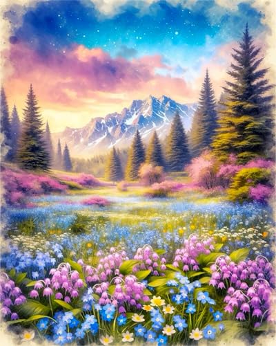 Landschaft Malen Nach Zahlen Erwachsene Blumen Moutain Ölgemälde Kit für Anfänger und Erwachsene Landscape Paint by Numbers Mit Leinwand Pinsels Acrylfarbe für Geschenk Home Wall Deko(40x50cm) von igoodom