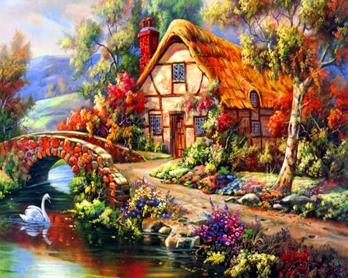 Landschaft Malen Nach Zahlen Erwachsene Haus Blumen Ölgemälde Kit für Anfänger und Erwachsene Colorful Landscape Paint by Numbers Mit Leinwand Pinsels Acrylfarbe für Geschenk Home Wall Deko(40x50cm) von igoodom