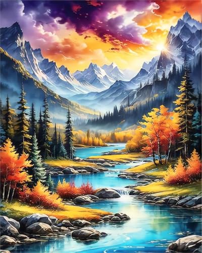 Moutain Landschaft Malen Nach Zahlen Erwachsene River Ölgemälde Kit für Anfänger und Erwachsene Fall Landscape Paint by Numbers Mit Leinwand Pinsels Acrylfarbe für Geschenk Home Wall Deko(40x50cm) von igoodom