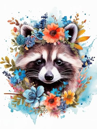 Raccoon Blumen Malen Nach Zahlen Erwachsene Waschbär Ölgemälde Kit für Anfänger und Erwachsene Abstract Tier Paint by Numbers Mit Leinwand Pinsels Acrylfarbe für Geschenk Home Wall Deko(30x40cm) von igoodom