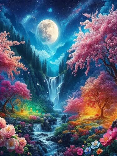 Waterfall Landschaft Malen Nach Zahlen Erwachsene Moon Night Ölgemälde Kit für Anfänger und Erwachsene Landscape Paint by Numbers Mit Leinwand Pinsels Acrylfarbe für Geschenk Home Wall Deko(30x40cm) von igoodom