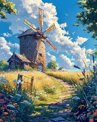 Windmühle Landschaft Malen Nach Zahlen Erwachsene Windmühle Ölgemälde Kit für Anfänger und Erwachsene Landscape Paint by Numbers Mit Leinwand Pinsels Acrylfarbe für Geschenk Home Wall Deko(40x50cm) von igoodom