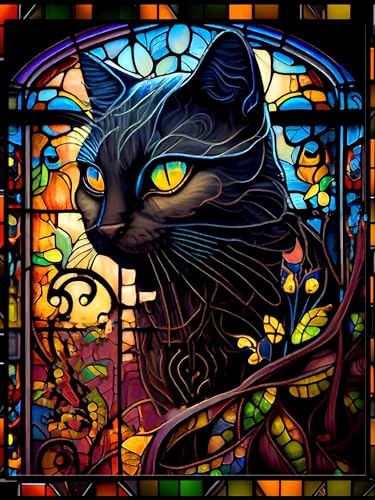 igoodom 5D Black Katze Diamond Painting Erwachsene, Katze Diamant Painting Bilder Round Full Drill Black Katze Diamont Painting Set für Beginners Home Wall Decor(30 * 40cm) von igoodom