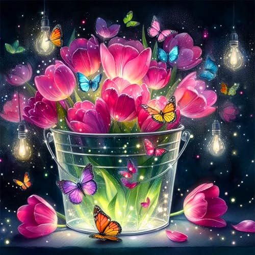 igoodom 5D Blumen Diamond Painting Erwachsene, Sparkling Blumen Vase Butterfly Diamant Painting Bilder Round Full Drill Colorful Diamont Painting Set für Beginners Home Wall Decor(35x35cm) von igoodom