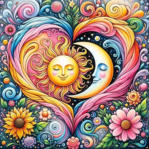 igoodom 5D Sun and Moon Diamond Painting Erwachsene, DIY Heart Diamant Painting Bilder Round Full Drill Colorful Blumen Diamont Painting Set für Beginners Home Wall Decor(35x35cm) von igoodom