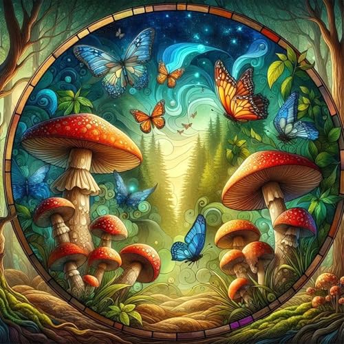 igoodom 5D Mushroom Diamond Painting Erwachsene, DIY Mushroom Diamant Painting Bilder Round Full Drill Colorful Fantasy Butterfly Diamont Painting Set für Beginners Home Wall Decor(35x35cm) von igoodom