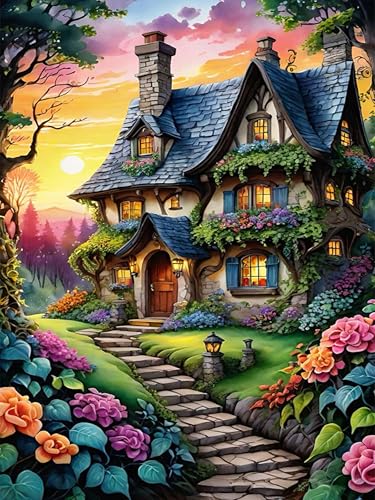 igoodom DIY House Diamond Painting Erwachsene, 5D Landscape Blumen Diamant Painting Bilder Round Full Drill Cartoon House Diamont Painting Set für Beginners Home Wall Decor(30x40cm) von igoodom