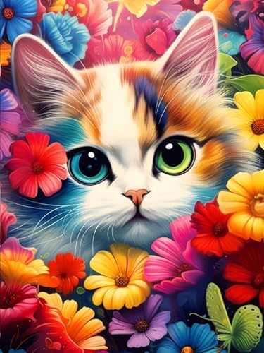 igoodom DIY Katze Diamond Painting Erwachsene, 5D Blumen Katze Diamant Painting Bilder Round Full Drill Colorful Blumen Diamont Painting Set für Beginners Home Wall Decor(30x40cm) von igoodom