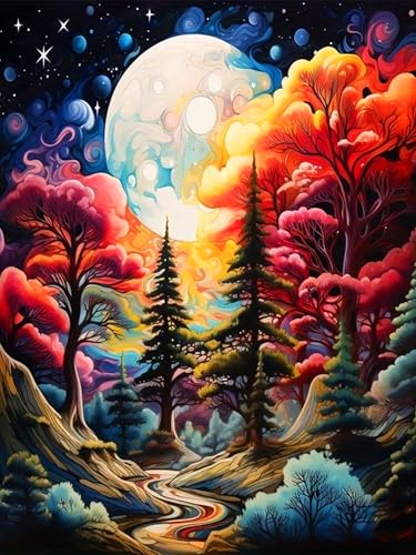 igoodom Moon Night Malen Nach Zahlen Erwachsene Forest Landscape Ölgemälde Kit für Anfänger und Erwachsene Paint by Numbers Mit Leinwand Pinsels Acrylfarbe für Geschenk Home Wall Deko(30x40cm) von igoodom