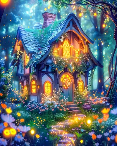 igoodom Haus Malen Nach Zahlen Erwachsene House Ölgemälde Kit für Anfänger und Erwachsene Night Sparkling House Paint by Numbers Mit Leinwand Pinsels Acrylfarbe für Geschenk Home Wall Deko(40x50cm) von igoodom