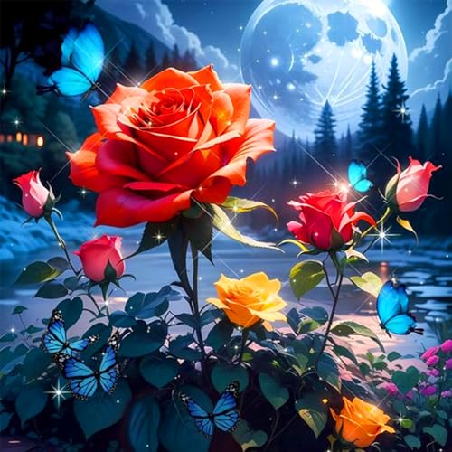 igoodom Rose Diamond Painting Erwachsene, 5D Butterfly Diamant Painting Bilder Colorful Roses Diamont Painting Diamond Painting Set für Beginners Home Wall Decor(35x35cm) von igoodom