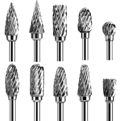 Hartmetall Frässtifte Set, 10 Stück Doppelschnitt-Frässtifte mit 3mm Schaft kompatibel mit Dremel, Drehwerkzeug Zubehör für Schleifen, Schnitzen, Metallpolieren, Gravieren, Bohren von iguTrail