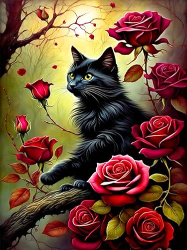 ijbnhd 5D Diamond Painting Katze und Blume Diamont Painting Bilder Diamond Painting für Erwachsene Diamant Painting Bilder Kit für Kinder Malen Nach Zahlen Diamant Anfänger 30x40cm von ijbnhd