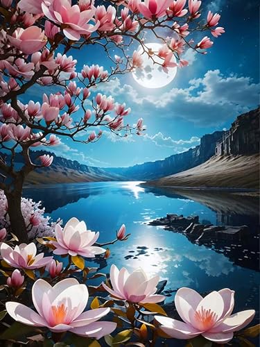 ijbnhd Diamond Painting Mond Landschaft Blumen Diamont Painting Bilder Diamant Painting Kits Bilder für Erwachsene Magnolie Diamond Painting Diamond Painting Erwachsene Bilder Set 30x40cm von ijbnhd