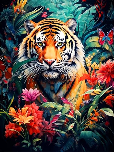 ijbnhd Diamond Painting Tiger und Blumen Diamont Painting Bilder Diamon Painting Art Bilder für Erwachsene Kinder Erwachsene Tiger Malen Nach Zahlen Diamant Kunst Set 30x40 cm von ijbnhd