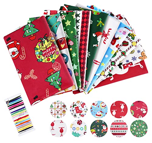 10 Stück Weihnachten Muster Patchworkstoff,55 x 50cm Baumwollstoff Weihnachten Stoffpakete Baumwolle Quadrate Stoff mit Weihnachtsmotiv Quilting Stoff für Quilten Weihnachten Nähen Handwerk(Rot Grün) von ilauke