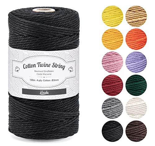 Makramee 3mm Schwarz,ilauke 100m Natürliche Baumwollgarn,Natur Macrame Cord aus 4-lagig Makramee Schwarz Baumwollkordel für DIY Handwerk Basteln Wand Aufhängung Pflanze Aufhänger,Schwarz von ilauke