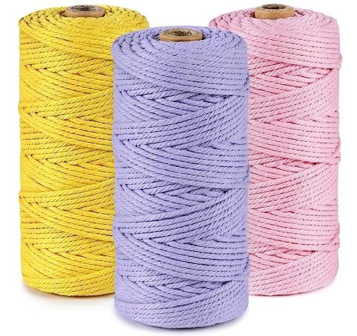 Makramee Garn 3er Set,ilauke Weiche Baumwollgarn Baumwollschnur Makramee 3mm für DIY Projekte - 3 x 100m Baumwolle Baumwollkordel zum Makramee Wandbehang, Traumfänger, Blumenampel,Lila+Rosa+Gelb von ilauke