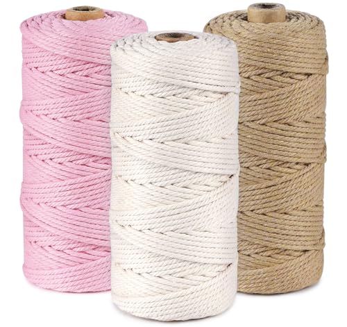 Makramee Garn 3er Set,ilauke Weiche Baumwollgarn Baumwollschnur Makramee 3mm für DIY Projekte - 3 x 100m Baumwolle Baumwollkordel zum Makramee Wandbehang, Traumfänger, Blumenampel,Rosa+Beige+Erdgelb von ilauke