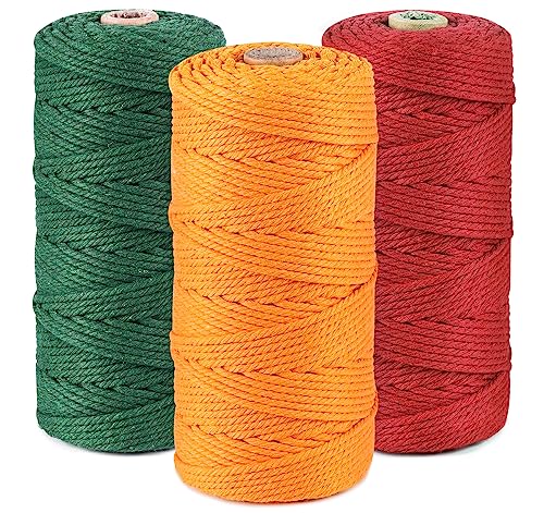 Makramee Garn 3er Set,ilauke Weiche Baumwollgarn Baumwollschnur Makramee 3mm für DIY Projekte - 3 x 100m Baumwolle Baumwollkordel zum Makramee Wandbehang, Traumfänger, Blumenampel,Rot+Grün+Golden von ilauke