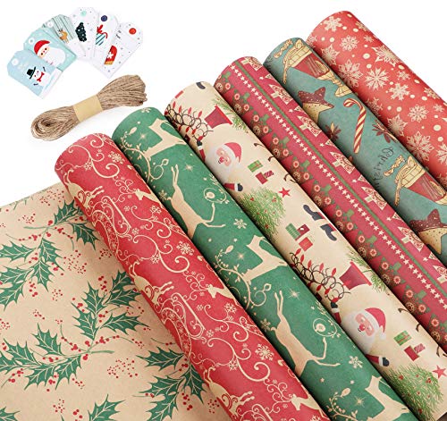 ilauke 12 Geschenkpapier Weihnachten, Weihnachtspapier Kraftpapier Geschenkpapier 44,2x70cm mit 24 Stück Geschenkanhänger und Jute Schnur für Weihnachten Geburtstag Kraftpapier von ilauke