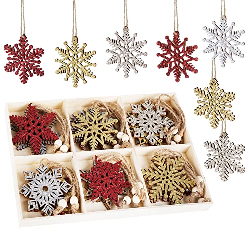 ilauke 24 Weihnachten Holz Schneeflocken mit Aufbewahrungsbox Ornamente 24Pcs Holz Hängende Dekorationen Schneeflocken Weihnachten Deko Verzierungen Ausgehöhlte Weihnachtsbaum Hängende Ornamente von ilauke