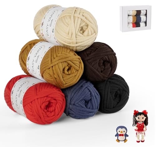 ilauke 6 Stück Chunky Häkelgarn für Anfänger, 6x50g Dickes Garn Baumwolle zum Häkeln, Baumwoll-Nylon-Garn für Anfänger zum Häkeln und Stricken, Schwarz, Braun, Reis, Braun, Haze Blau, Rot von ilauke