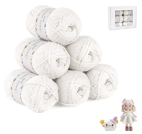 ilauke 6 Stück Chunky Häkelgarn für Anfänger, 6x50g Dickes Garn Baumwolle zum Häkeln, Gut Sichtbare Maschen Garn Zum Häkeln Baumwoll-Nylon-Garn für Anfänger zum Häkeln und Stricken, Weiß von ilauke