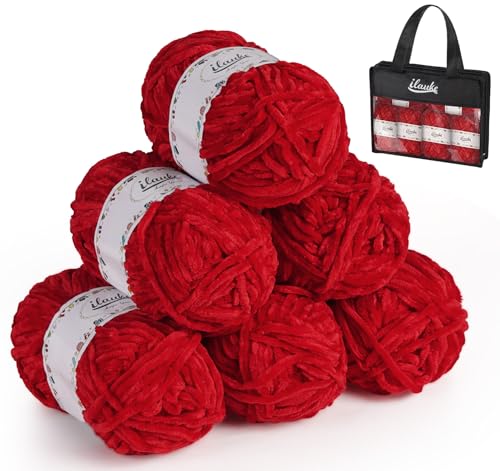 ilauke 6 x 50 g (6 x 70 m) Chenille Garn, Samt Garn zum Stricken und Häkeln mit Nadeln mit Häkelzubehör und Handtasche, Weiches Chenille-Garn für Kleidung, Decken, Taschen, Pullover, DIY, Rot von ilauke