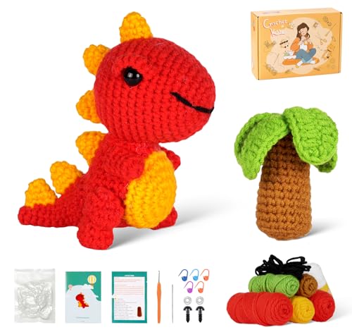 ilauke Einsteiger Häkelset für Anfänger mit kinderleichtem Garn, Komplettes Häkelnadel Set mit Polyesterfaserfüllung Handnähnadel Stichmarkern, Anleitung für Kinder Erwachsene DIY(Tyrannosaurus Rex) von ilauke