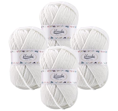 ilauke Häkelgarn 4er* 50g/Ball Super Weiche 100% Acryl Garn für Anfänger und Kinder, Handstrickgarne Baby Fluffy Ball für Häkeln und Kunsthandwerk für Häkeln und Kunsthandwerk(Weiß) von ilauke