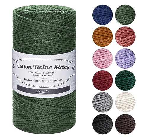 ilauke Makramee Garn 3 mm x 100 m, 4-lagig Baumwollgarn Macrame Cord Kordel Garn für Makramee Schnur DIY Handwerk, Basteln Weben Dekoration, Pflanzenbügel Aufhänger Stricken, Military Green von ilauke