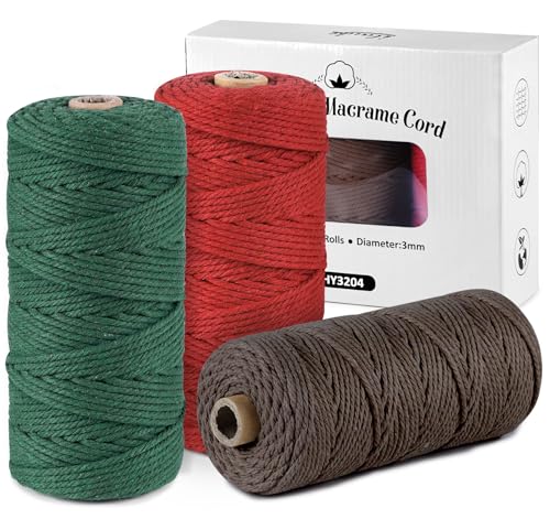 ilauke Makramee Garn 3er Set, Weiche Baumwollgarn Baumwollschnur Makramee 3mm für DIY Projekte - 3 x 100m Baumwolle Baumwollkordel zum Makramee Wandbehang, Traumfänger, Blumenampel,Rot+Kaffee+Grün von ilauke