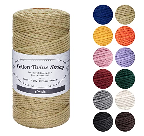 ilauke Makramee Garn 3mm x 100m, 4-Lagig Baumwolle Makramee Garn Macrame Cord Baumwollgarn Makramee für DIY Handwerk Basteln Hängepflanze Wandbehang Blumenampel Pflanze Aufhänger Stricken, Khaki von ilauke