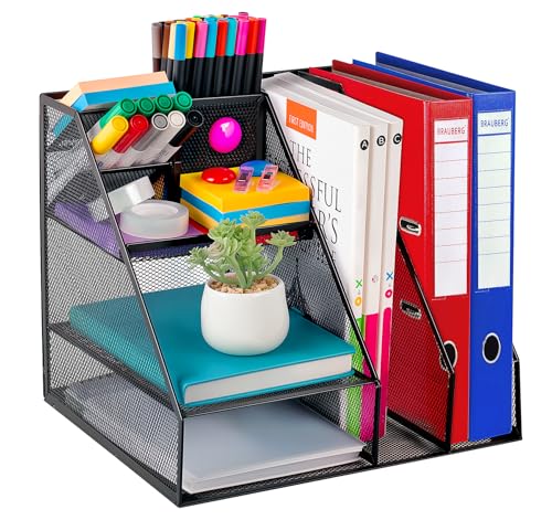 ilauke Schreibtisch Organizer mit Aktenhalter - 5-Tier Ablagefächer Stapelbar, Briefablage mit 3 Stifthaltern, Mesh schreibtischorganizer für Bürobedarf, Ideal für Dokumentenablage (Schwarz) von ilauke