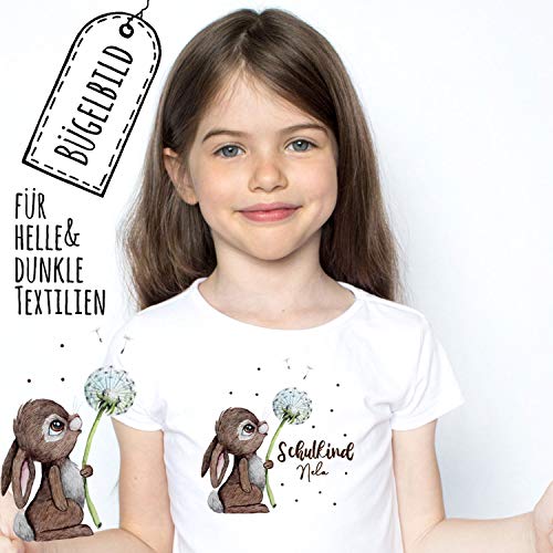 Bügelbilder zum Schulstart Hase mit Pusteblume & Wunschname Schulkind Applikation Kissen Shirt Taschen Bügelbild Patch in A5 bb186 ilka parey wandtattoo-welt® von ilka parey wandtattoo-welt