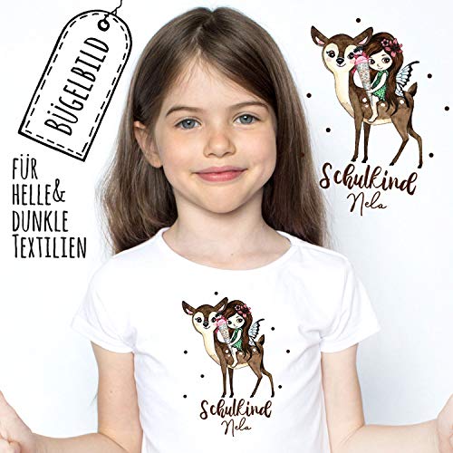 Bügelbilder zur Einschulung Fee auf Reh & Wunschname Schulkind Applikation Kissen Shirt Taschen Bügelbild Patch in A5 bb179 ilka parey wandtattoo-welt® von ilka parey wandtattoo-welt